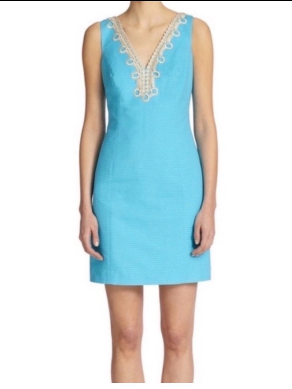 Lilly Pulitzer Aqua Mini Shift Dress with Gold Lace V-Neck